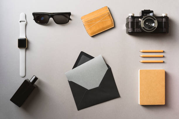 istock Mens accessories on table top flat lay with greeting card. 652274222