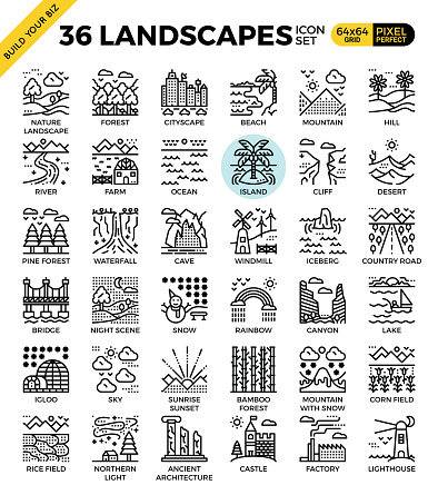 Nature landscapes pixel perfect outline icons modern style for website or print illustration