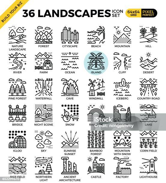 Nature Landscapes Pixel Perfect Outline Icons Stock Illustration - Download Image Now - Icon Symbol, City, Rural Scene