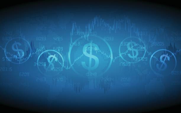 Financial graph with dollar sign and world map Abstract Business chart with dollar sign, trend line graph and numbers in stock market on gradient blue color background (vector) digital price stock illustrations