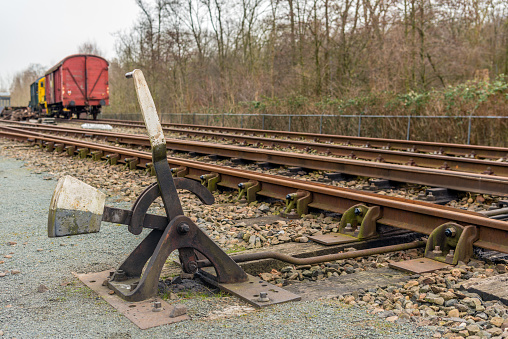 Old hand-operated lever of a railroad switch in the Netherlands.