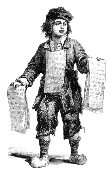Little boy selling newspaper Paris 1774 Steel engraving little boy selling newspaper Paris 1774 retro salesman stock illustrations