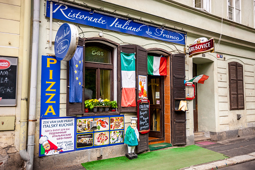 Karlovy Vary, Czech Republic - May 5, 2015: Italian restaurant in Karlovy Vary, Czech Republic. No people.