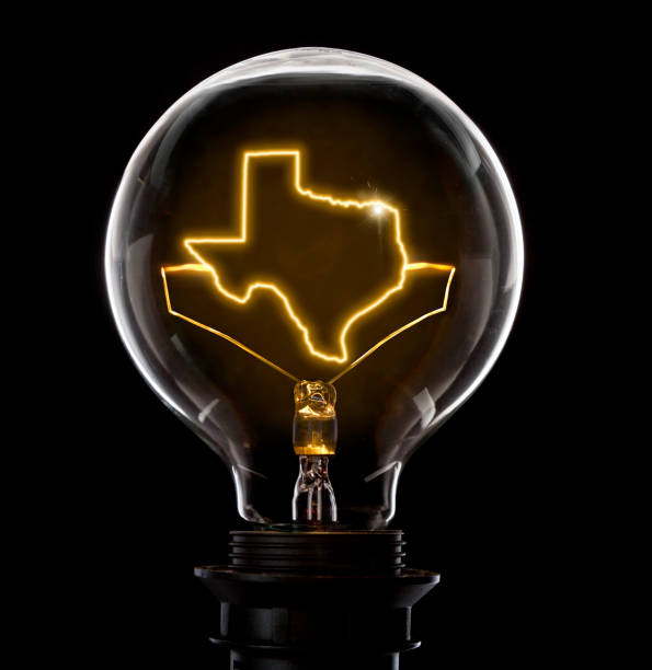 Lightbulb with a glowing wire in the shape of Texas (series) Clean and shiny lightbulb with Texas as a glowing wire.(series) tungsten metal stock pictures, royalty-free photos & images
