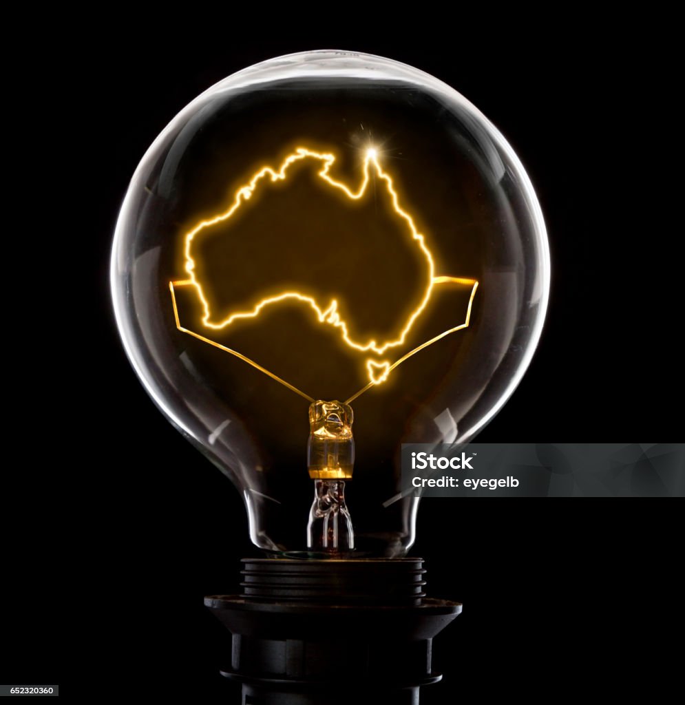 Lightbulb with a glowing wire in the shape of Australia (series) Clean and shiny lightbulb with Australia as a glowing wire.(series) Australia Stock Photo