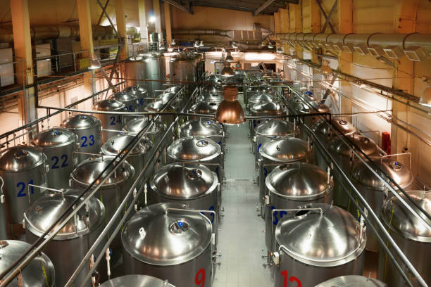istock Beer production plant, several rows of steel tanks 652328522