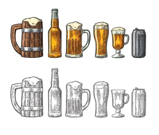 Vector illustration of Beer set with wood mug, glass, metallic can, bottle. Engraving