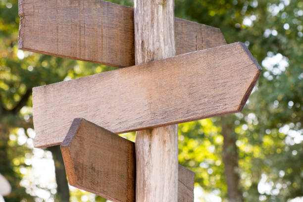Blank wooden signpost in a nature with copyspace stock photo