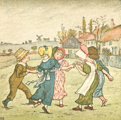 A group of girls and boys dressed in Regency style clothing dancing in a ring, probably to the nursery rhyme Ring a Ring o' Roses. From “Kate Greenaway’s Birthday Book for Children” with illustrations by Catherine ‘Kate’ Greenaway (1846-1901) and verses by Mrs Sale Barker. Printed by Edmund Evans and published by George Routledge & Sons, London, 1880.