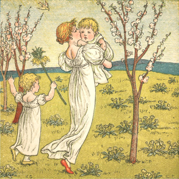 A young woman dressed in Regency style clothing carrying a baby alongside a little girl. They are walking through a spring meadow studded with primroses and pink-blossomed cherry trees. From “Kate Greenaway’s Birthday Book for Children” with illustrations by Catherine ‘Kate’ Greenaway (1846-1901) and verses by Mrs Sale Barker. Printed by Edmund Evans and published by George Routledge & Sons, London, 1880.