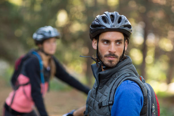 istock Male biker in forest 652343120