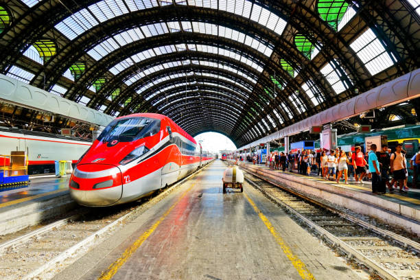 High-speed train at Milano Centrale railway station in Milan stock photo
