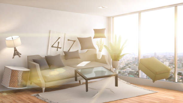 istock Zero Gravity furniture hovering in living room. 3D Illustration 652346082
