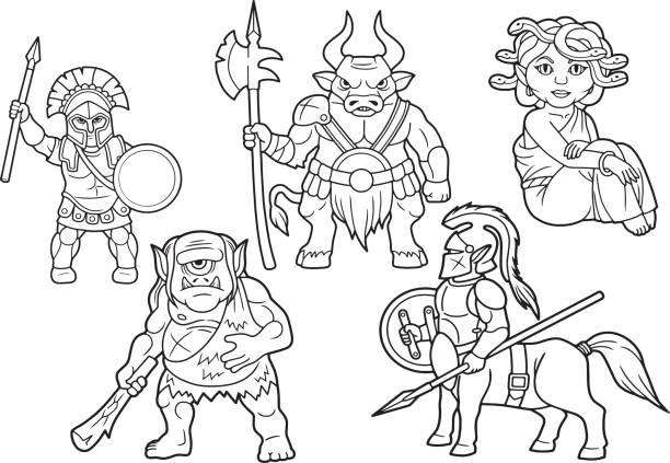 illustrazioni stock, clip art, cartoni animati e icone di tendenza di mitologia set di immagini dei cartoni animati - medusa greek mythology mythology gorgon