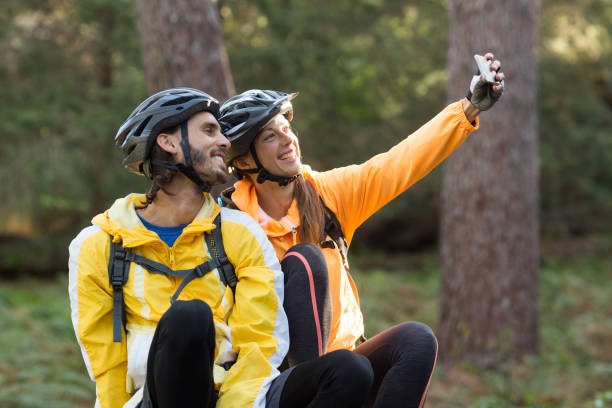 istock Biker couple taking selfie from mobile phone 652352254