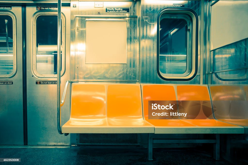 New York City Subway Seats New York City seats on empty subway train car with vintage tone filter Subway Stock Photo
