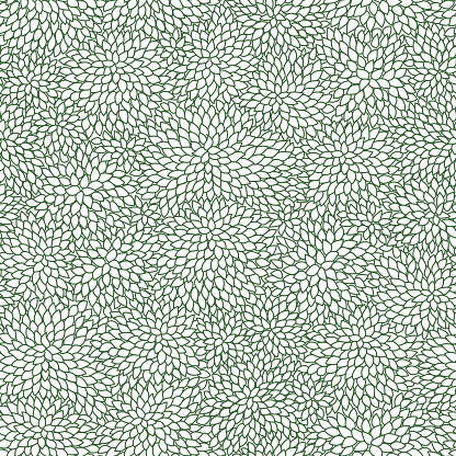 Vector seamless pattern of green grey contour line foliage on a white background. Hand drawn sketch, chaotic order. Wallpaper, wrapping paper, textile print, coloring book page. Arbor Day decoration