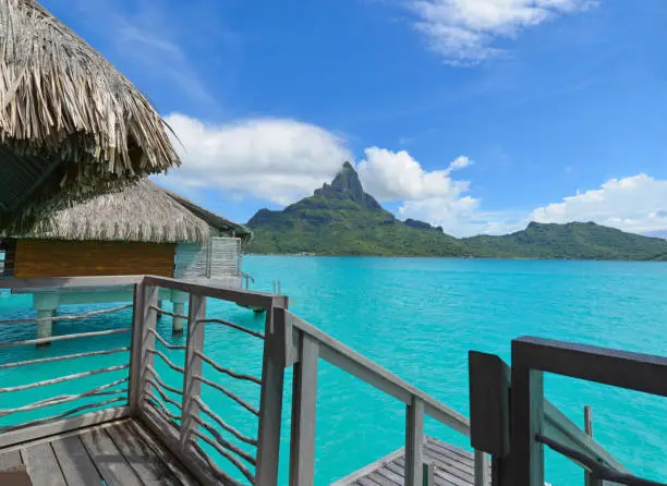 View of the iconic Mt Otemanu in Bora Bora from a overwater bungalow