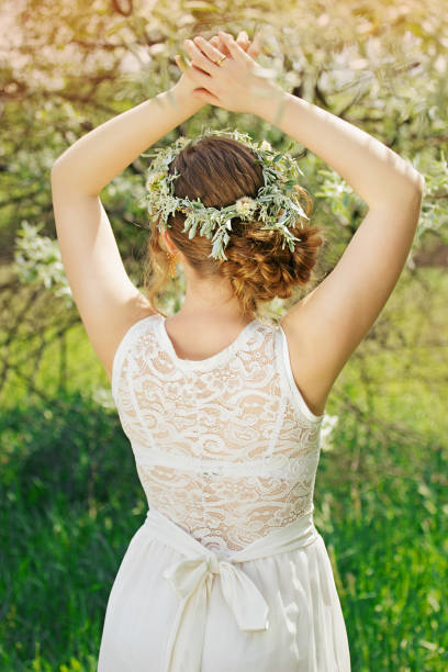 istock Beautiful girl is standing back and keeping her hand up. Wedding. 652370892