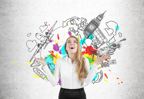 istock Happy woman and sights drawings, splashes 652373224