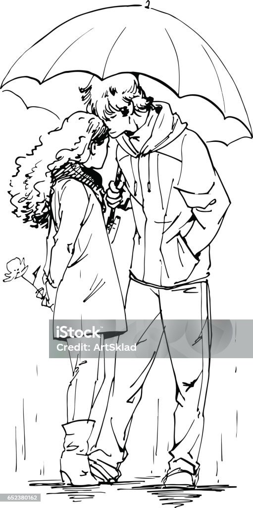 Couple under umbrella. Ink graphic sketch, vector illustration. Couple on a date, in a rainy day standing under umbrella. Ink graphic sketch of people, hand drawn, vector illustration. Adult stock vector