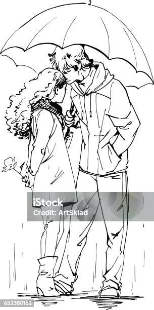 Couple Under Umbrella Ink Graphic Sketch Vector Illustration Stock Illustration - Download Image Now
