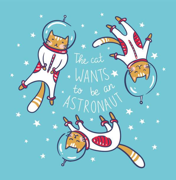 ilustraciones, imágenes clip art, dibujos animados e iconos de stock de astronautas en el espacio, ilustración vectorial en gatos divertidos. - voyager nave espacial