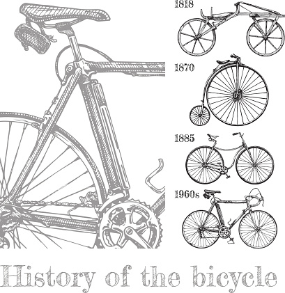 Vector hand drawn illustration of bicycle evolution set in ink hand drawn style. Types of cycles: draisine, penny-farthing, safety bicycle and modern racing bike.