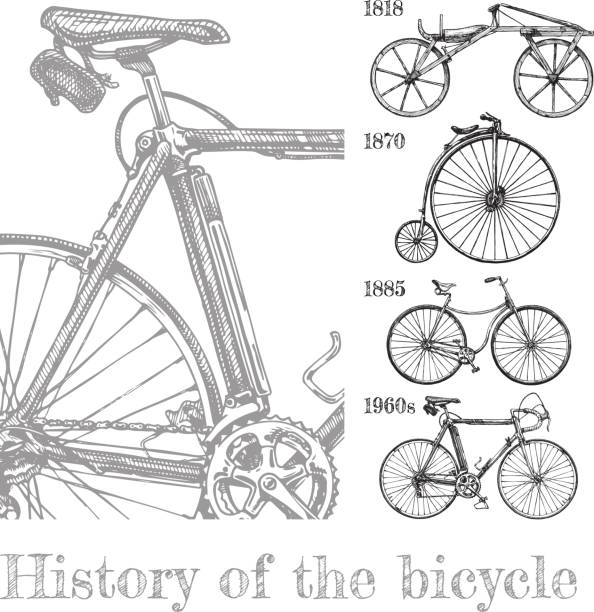 Bicycle evolution set Vector hand drawn illustration of bicycle evolution set in ink hand drawn style. Types of cycles: draisine, penny-farthing, safety bicycle and modern racing bike. history illustrations stock illustrations