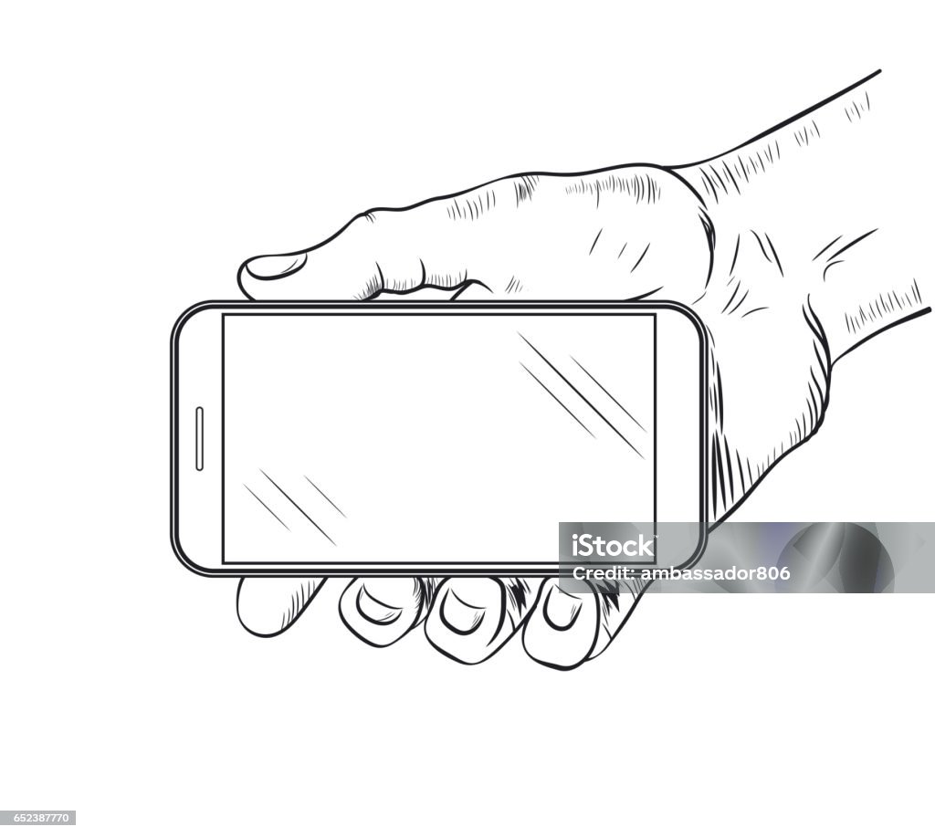 Mobile phone in hand Mobile phone in hand front view. Sketch of human hand which is holding empty smartphone. Vector Telephone stock vector