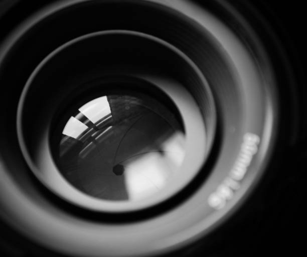 istock Macro of DSLR lens in b/w 652388132