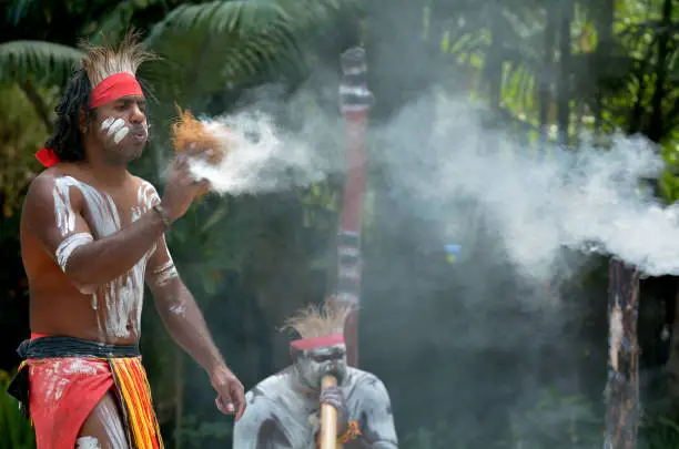 Yugambeh Aboriginal warrior demonstrate  fire making craft during Aboriginal culture show in Queensland, Australia.