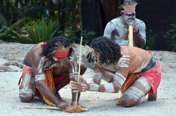 Group of Yugambeh Aboriginal warriors men demonstrate  fire making craft during Aboriginal culture show in Queensland, Australia.
