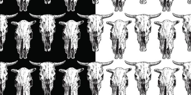 ilustrações de stock, clip art, desenhos animados e ícones de seamless pattern with cow and bull skull - animal skull cow animal black background