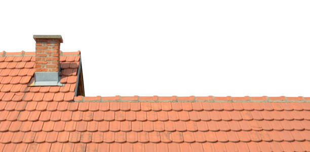 istock Roof with tiles and chimney isolated on white background 652392062