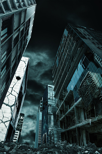 Representación cinematográfica de la orientación Vertical de la ciudad destruida photo