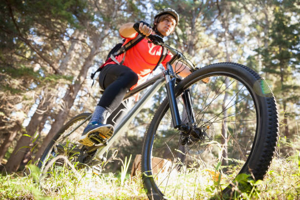 istock Male mountain biker riding bicycle in the forest 652417828