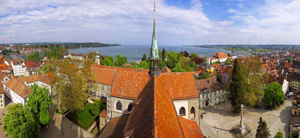 Panoramic aerial view of Konstanz city, Germany (on the Left), Town of Kreuzlingen, Switzerland (on the Right) and Boden lake