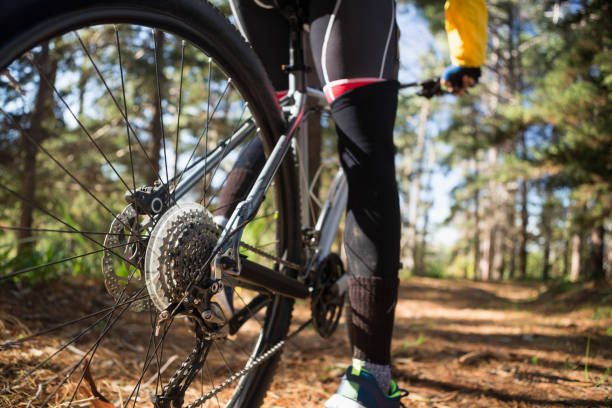 istock Low section of male mountain biker riding bicycle 652432124