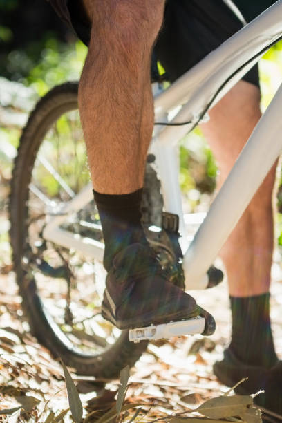 istock Low section of male mountain biker riding bicycle 652432252