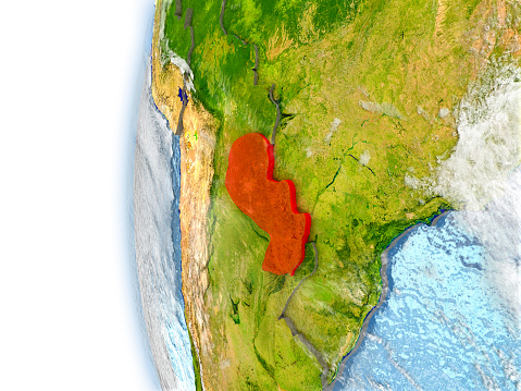 Paraguay highlighted in red on planet Earth with visible waves in the oceans and clouds in the atmosphere. 3D illustration with detailed planet surface. 3D model of planet created and rendered in Cheetah3D software, 7 Mar 2017. Some layers of planet surface use textures furnished by NASA, Blue Marble collection: http://visibleearth.nasa.gov/view_cat.php?categoryID=1484