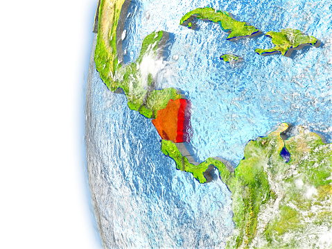 Nicaragua highlighted in red on planet Earth with visible waves in the oceans and clouds in the atmosphere. 3D illustration with detailed planet surface. 3D model of planet created and rendered in Cheetah3D software, 7 Mar 2017. Some layers of planet surface use textures furnished by NASA, Blue Marble collection: http://visibleearth.nasa.gov/view_cat.php?categoryID=1484