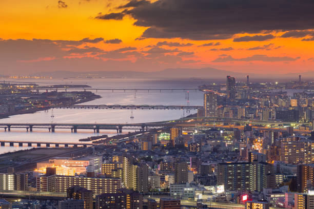 istock Beautiful sunset over Osaka city downtown aerial view 652453256
