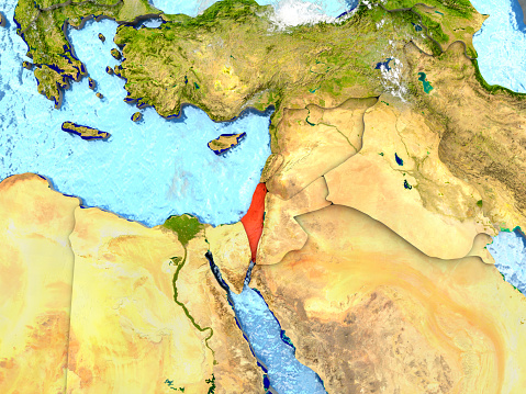 Israel in red on map with detailed landmass texture, realistic watery oceans and clouds above the surface. 3D illustration. 3D model of planet created and rendered in Cheetah3D software, 7 Mar 2017. Some layers of planet surface use textures furnished by NASA, Blue Marble collection: http://visibleearth.nasa.gov/view_cat.php?categoryID=1484