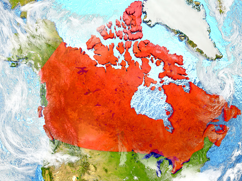 Canada in red on map with detailed landmass texture, realistic watery oceans and clouds above the surface. 3D illustration. 3D model of planet created and rendered in Cheetah3D software, 7 Mar 2017. Some layers of planet surface use textures furnished by NASA, Blue Marble collection: http://visibleearth.nasa.gov/view_cat.php?categoryID=1484