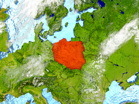 Poland in red on map with detailed landmass texture, realistic watery oceans and clouds above the surface. 3D illustration. 3D model of planet created and rendered in Cheetah3D software, 7 Mar 2017. Some layers of planet surface use textures furnished by NASA, Blue Marble collection: http://visibleearth.nasa.gov/view_cat.php?categoryID=1484