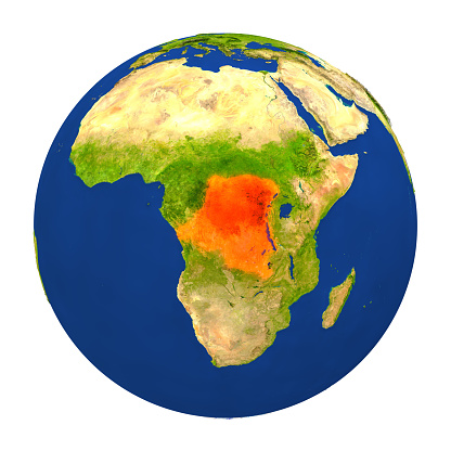 Map of Rwanda highlighted in red on globe. 3D illustration isolated on white background. 3D model of planet created and rendered in Cheetah3D software, 4 Mar 2017.
