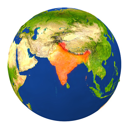 Country of India highlighted on globe. 3D illustration with detailed planet surface isolated on white background. 3D model of planet created and rendered in Cheetah3D software, 7 Mar 2017. Some layers of planet surface use textures furnished by NASA, Blue Marble collection: http://visibleearth.nasa.gov/view_cat.php?categoryID=1484