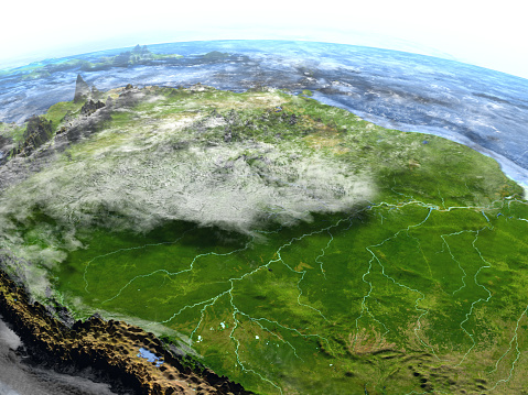 Amazon rainforest on 3D model of Earth. 3D illustration with plastic planet surface and ocean floor. 3D model of planet created and rendered in Cheetah3D software, 7 Mar 2017. Some layers of planet surface use textures furnished by NASA, Blue Marble collection: http://visibleearth.nasa.gov/view_cat.php?categoryID=1484