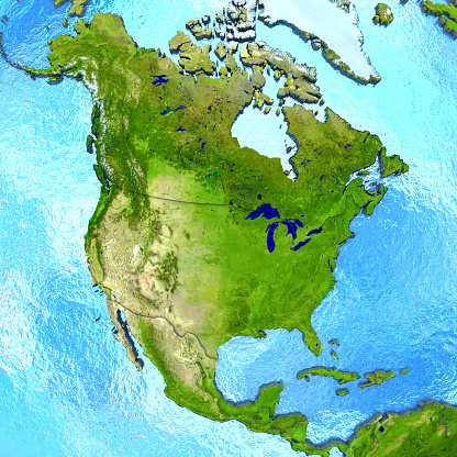 North America on 3D model of planet Earth with watery ocean and visible country borders. 3D illustration. 3D model of planet created and rendered in Cheetah3D software, 7 Mar 2017. Some layers of planet surface use textures furnished by NASA, Blue Marble collection: http://visibleearth.nasa.gov/view_cat.php?categoryID=1484